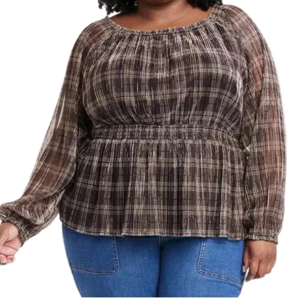 Knox Rose Sheer Metallic Plaid Blouse in Brown and Cream